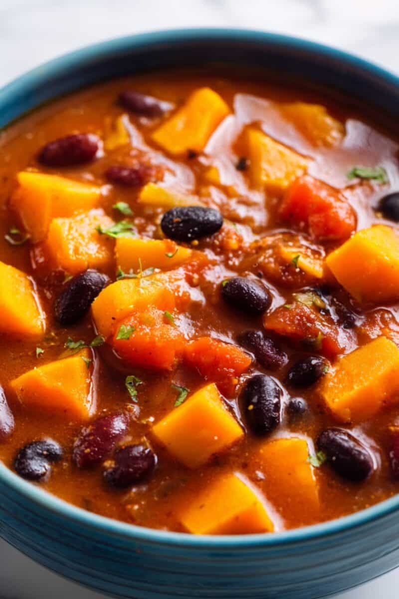 Close-up of vegetarian butternut squash and sweet potato chili in a blue bowl with beans and fresh parsley.