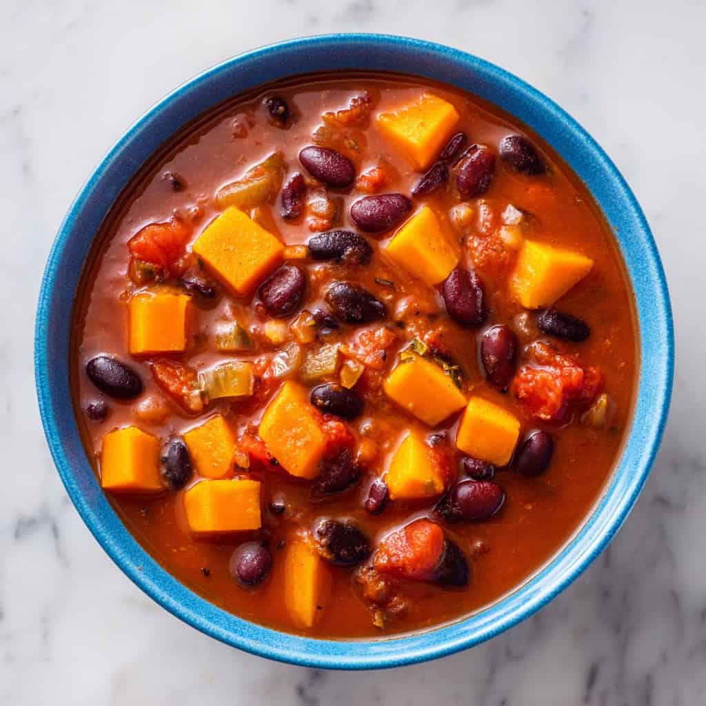 Overhead view of butternut squash chili with beans and tomatoes in a blue serving bowl.