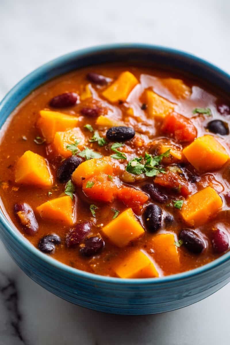 Side view of butternut squash and sweet potato chili in a blue bowl with beans and fresh herbs on top.