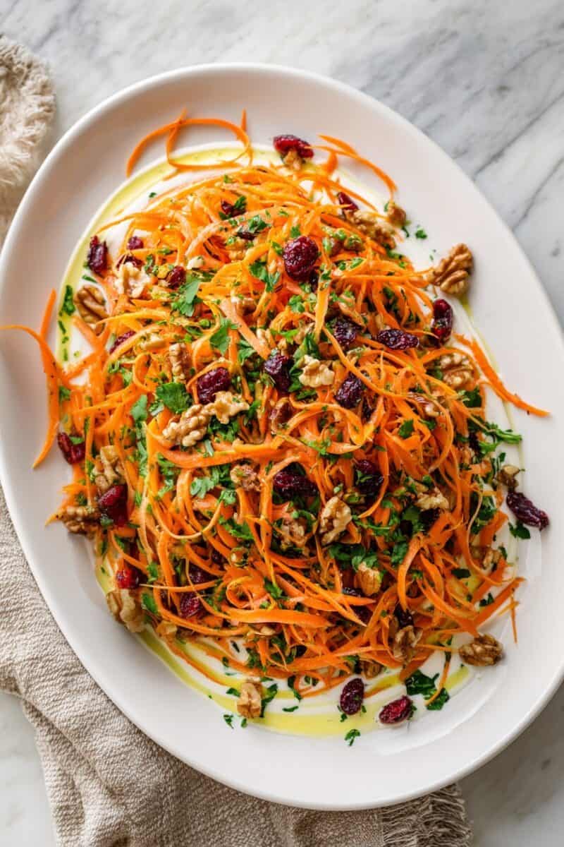 Carrot and cranberry slaw with yogurt-honey dressing – a colorful and refreshing Thanksgiving carrot side dish with walnuts, parsley, and festive holiday flavors.