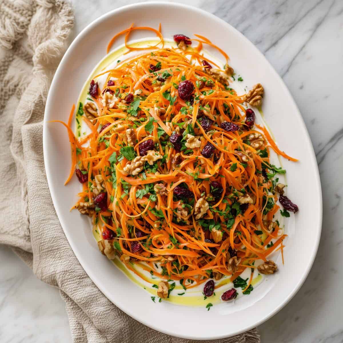 Carrot recipes for Thanksgiving – shredded carrot salad with cranberries and walnuts served on a white platter, a colorful holiday vegetable side dish.