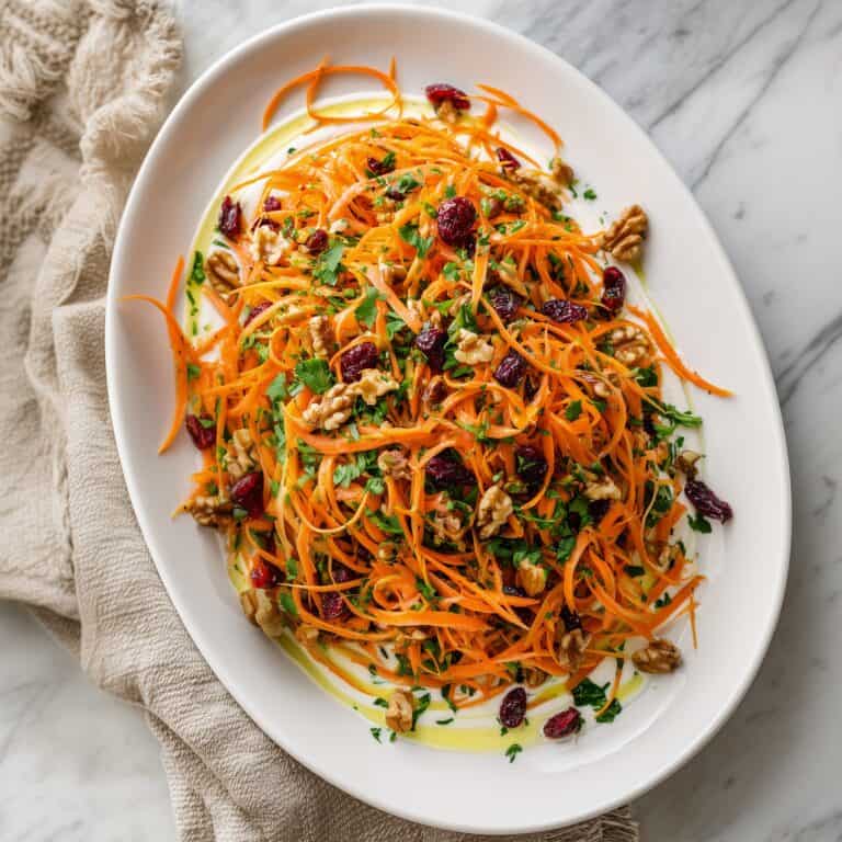 Carrot recipes for Thanksgiving – shredded carrot salad with cranberries and walnuts served on a white platter, a colorful holiday vegetable side dish.