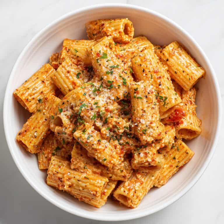 Bowl of Cottage Cheese Rigatoni pasta coated in a blended marinara and cottage cheese sauce, garnished with fresh herbs and cheese.