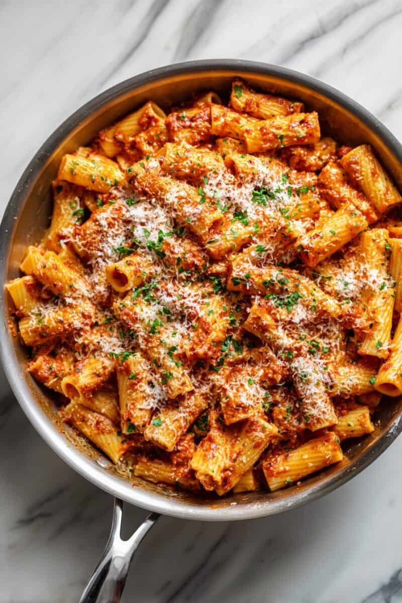 Skillet filled with Cottage Cheese Rigatoni pasta mixed in a creamy tomato and cottage cheese sauce, topped with parsley and grated Parmesan.