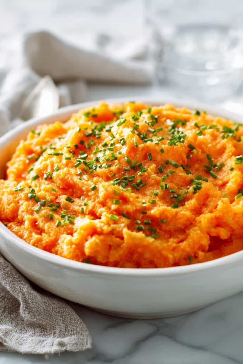 Creamy mashed carrots with chives – a velvety, easy Thanksgiving vegetable side dish that’s lighter than mashed potatoes and perfect for holiday meals.