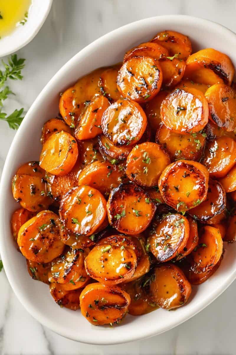 Honey mustard carrots overhead picture – roasted carrots with tangy Dijon honey mustard glaze, a flavorful Thanksgiving vegetable side.