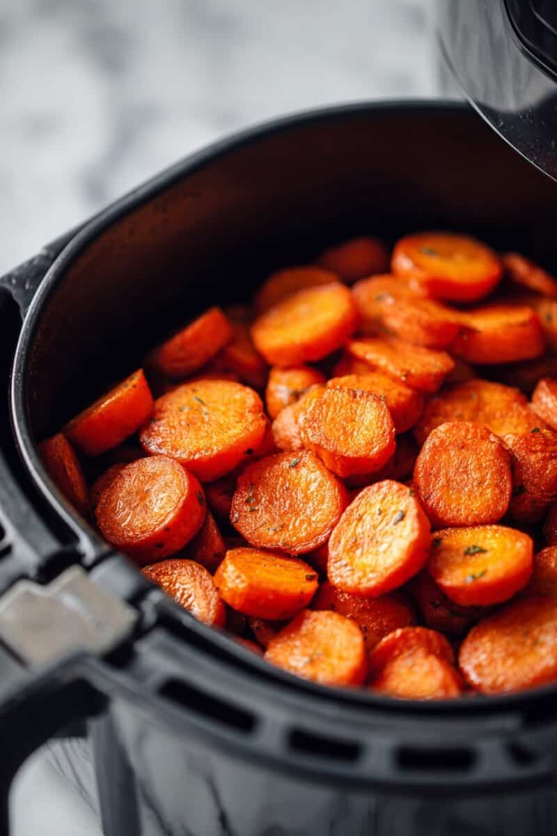 Honey roasted carrots in air fryer – easy air fryer carrot recipe with honey glaze, the perfect quick Thanksgiving side dish idea.