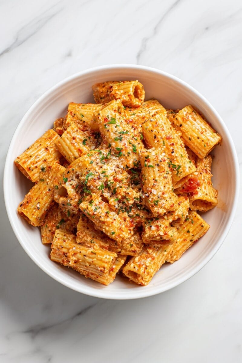 Overhead view of creamy Cottage Cheese Rigatoni tossed in marinara and cottage cheese sauce, topped with parsley and Parmesan.
