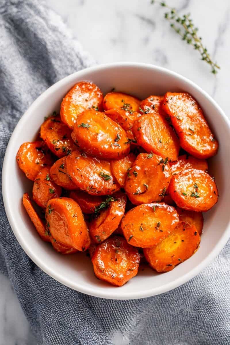 Ranch roasted carrots overhead photo – roasted carrots tossed with ranch seasoning, a kid-friendly Thanksgiving carrot recipe side dish.