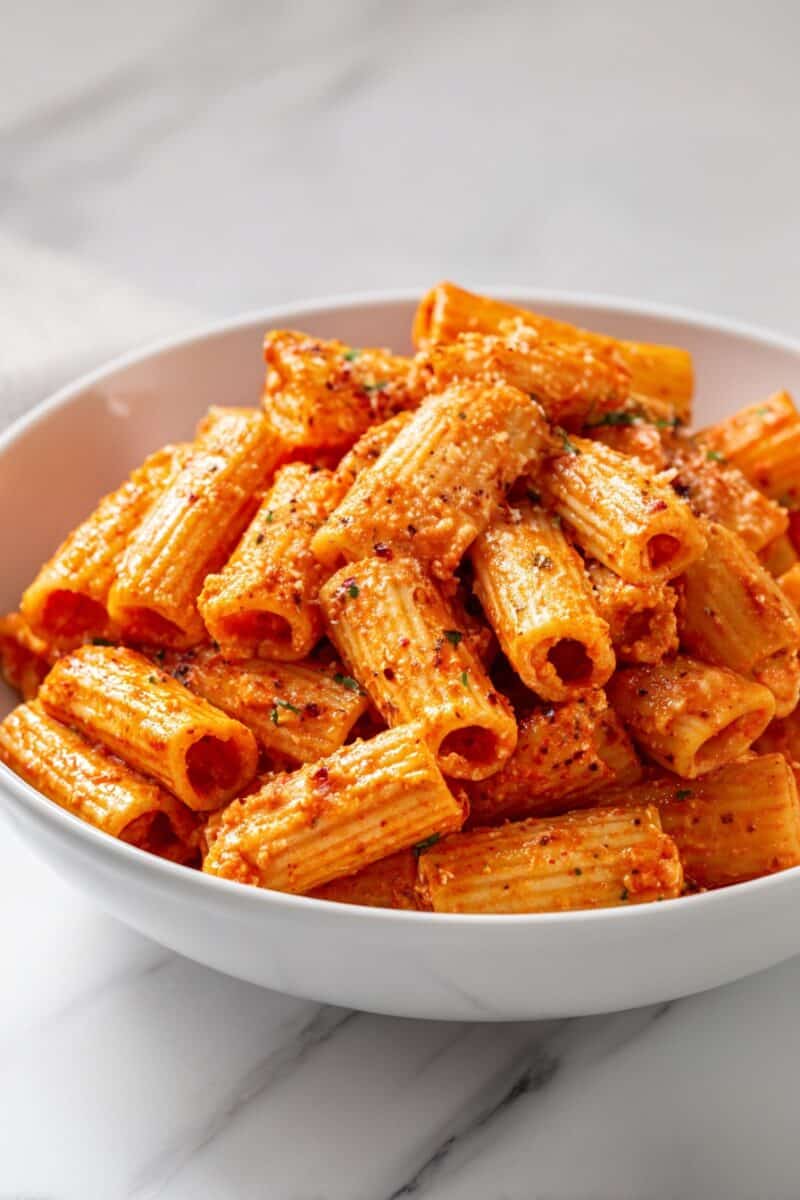 Side angle of rigatoni pasta coated in creamy cottage cheese marinara sauce, showing texture and seasoning.