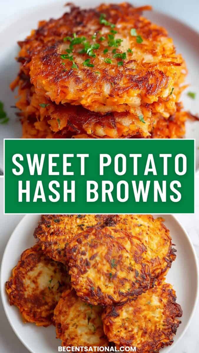 Tall stack of golden crispy sweet potato hash browns with text overlay reading "Sweet Potato Hash Browns" — an easy gluten-free side dish for fall, Thanksgiving, or Christmas.