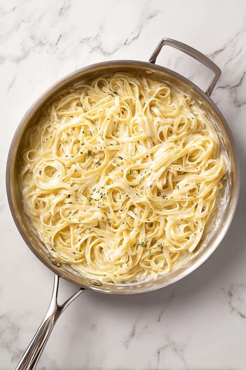Skillet filled with creamy cottage cheese Alfredo pasta fettuccine coated in high protein Alfredo sauce, healthy alternative to classic cream-based pasta.