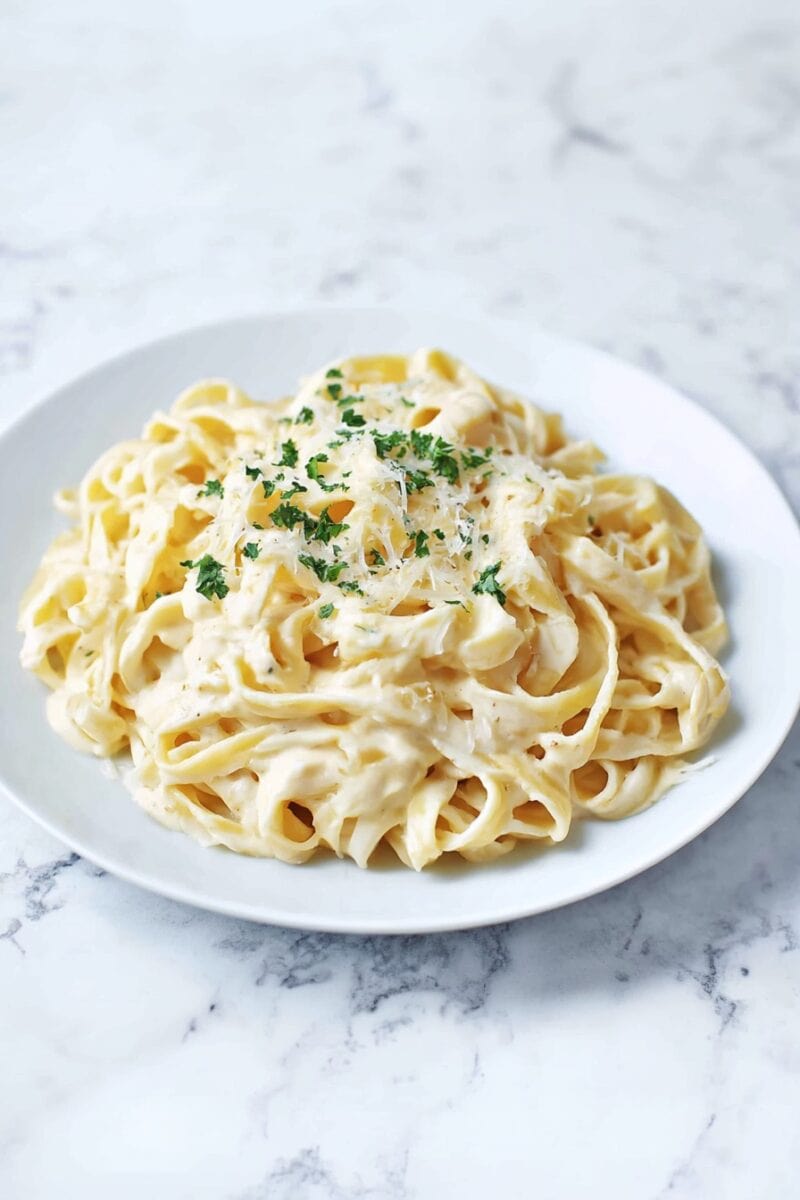 Side view of Cottage Cheese Alfredo Fettuccine, creamy cottage cheese pasta sauce with garlic and Parmesan, easy high protein pasta recipe