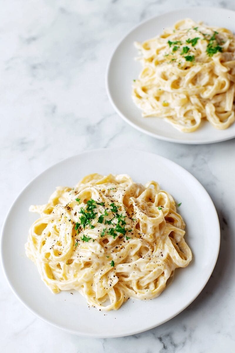 Two servings of cottage cheese Alfredo pasta on white plates topped with parsley and black pepper, light high protein Alfredo recipe for dinner.