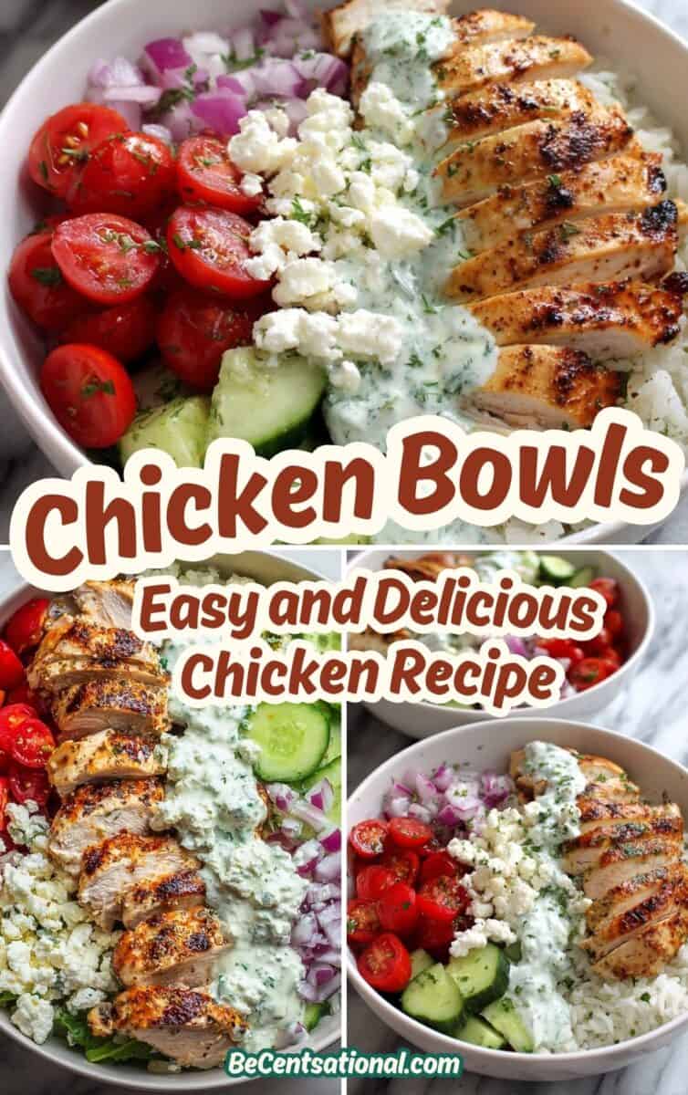 Collage of Greek-style chicken bowls with grilled sliced chicken, white rice, cherry tomatoes, cucumber, red onion, feta cheese, and creamy herb sauce.