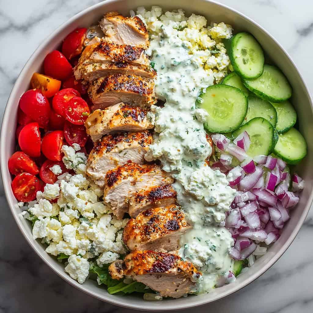 Greek chicken bowls with sliced grilled chicken breast, white rice, cherry tomatoes, diced cucumber, crumbled feta cheese, pickled red onions, and creamy dill yogurt sauce.