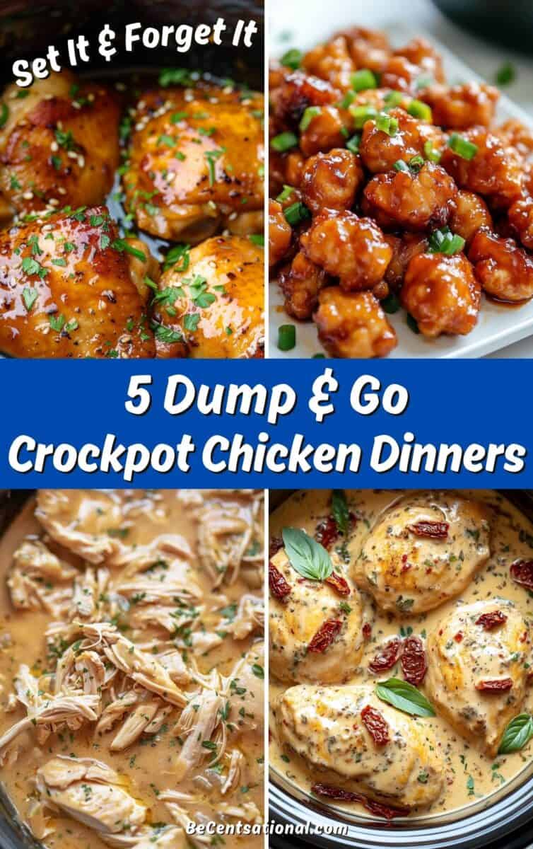 5 dump and go crockpot chicken dinners including honey garlic chicken, orange chicken, creamy shredded chicken, and marry me chicken for busy weeknights.