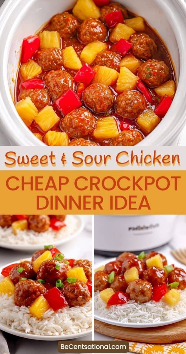 Collage featuring a crockpot filled with sweet and sour chicken meatballs with pineapple and red bell peppers, along with plated servings over white rice, with text overlay reading sweet and sour chicken cheap crockpot dinner idea.