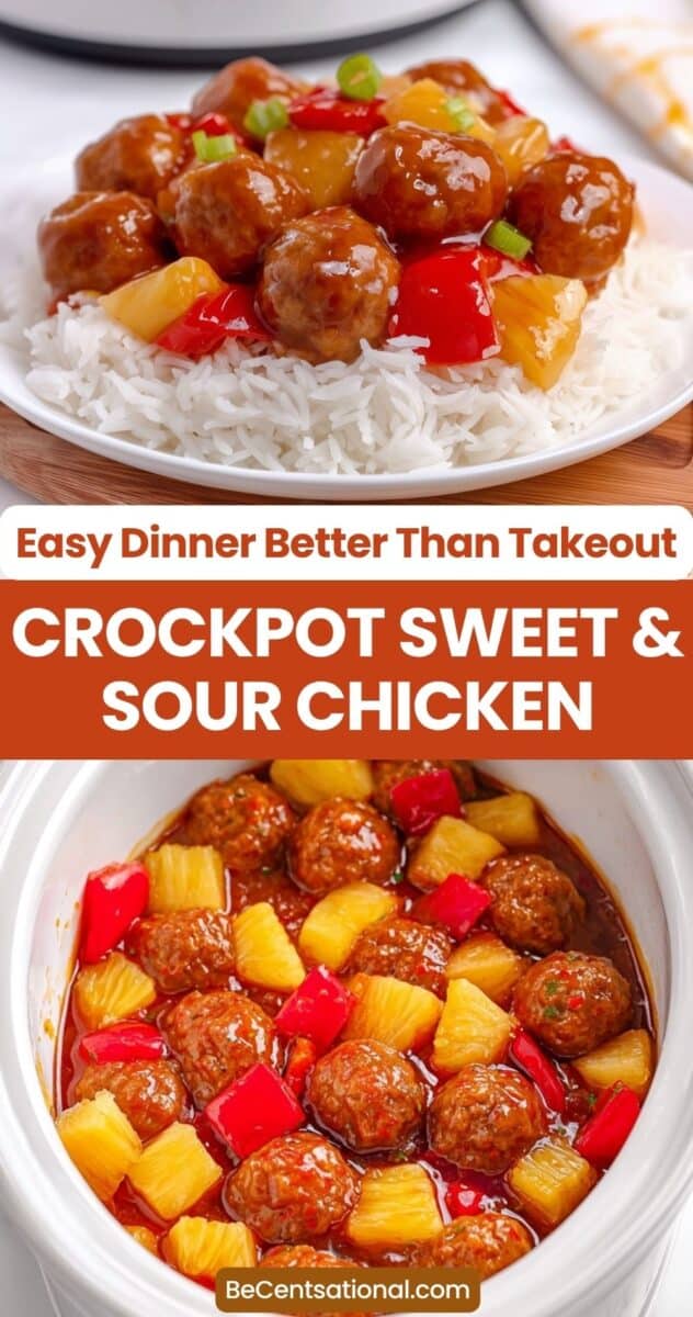 Collage showing sweet and sour chicken meatballs served over white rice with pineapple chunks and red bell peppers in a glossy sauce, alongside a crockpot filled with the same dish, with text overlay reading easy dinner better than takeout crockpot sweet and sour chicken
