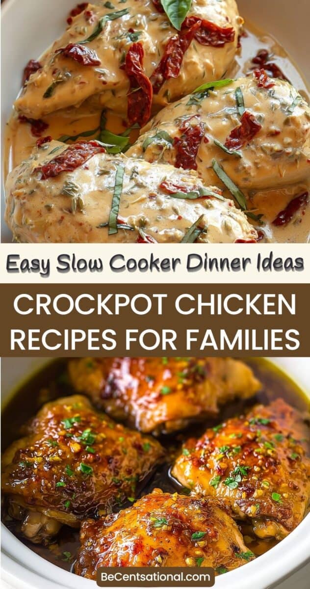 Two slow cooker chicken dishes shown from above, including creamy chicken with herbs and glazed chicken thighs in sauce, representing easy crockpot chicken recipes for family dinners.