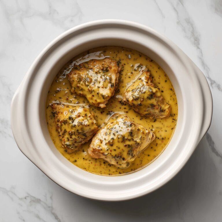 slow cooker filled with chicken thighs in a creamy herb sauce, shown from above in a white crockpot