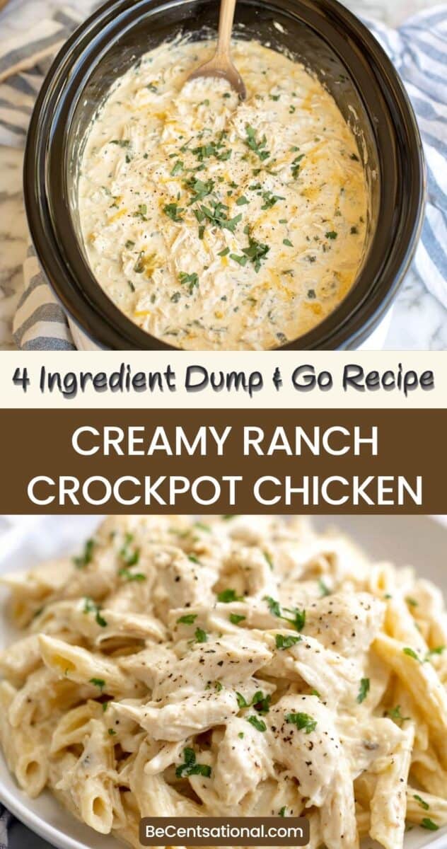 Shredded chicken in a creamy sauce inside a crockpot with herbs and melted cheese on top