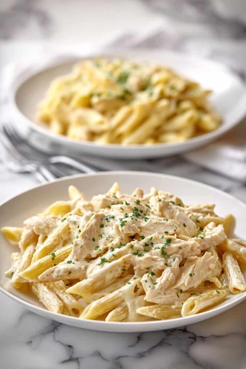 Two plates of creamy chicken pasta with shredded ranch chicken and penne for an easy weeknight dinner.