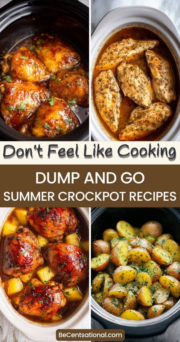 Collage of dump and go summer crockpot recipes featuring saucy Crockpot Sweet Chili Chicken, seasoned Crockpot Italian Chicken, Crockpot Pineapple BBQ Chicken with chunks of pineapple, and Crockpot Garlic Butter Potatoes, arranged in four sections with text overlay reading don’t feel like cooking and dump and go summer crockpot recipes.