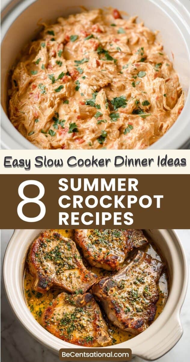 Collage of dump and go summer crockpot recipes featuring creamy Crockpot Creamy Salsa Chicken with herbs in a slow cooker and golden-browned Crockpot Ranch Pork Chops in a savory sauce, with text overlay reading easy slow cooker dinner ideas and summer crockpot recipes.