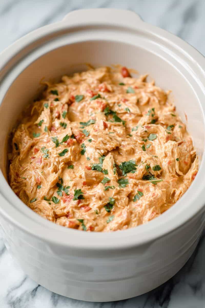 Close-up of Crockpot Creamy Salsa Chicken with shredded chicken mixed in a creamy sauce with visible tomato pieces and herbs, served inside a white slow cooker dish.