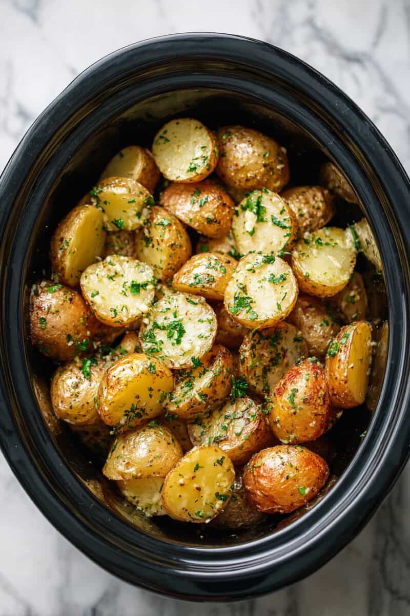 Top view of Crockpot Garlic Butter Potatoes with halved baby potatoes coated in melted butter, garlic, and herbs inside a slow cooker.