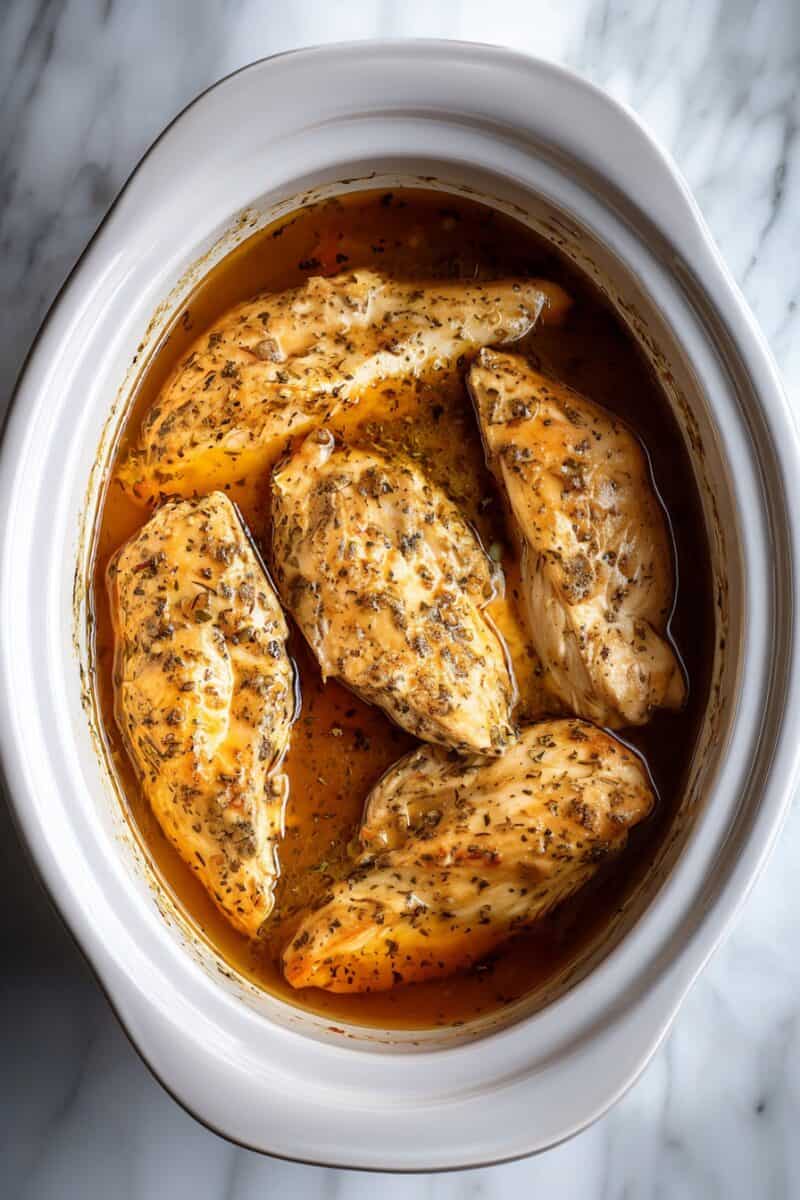 Close-up of Crockpot Italian Chicken with tender chicken pieces coated in a light, seasoned broth with visible herbs inside a white slow cooker.