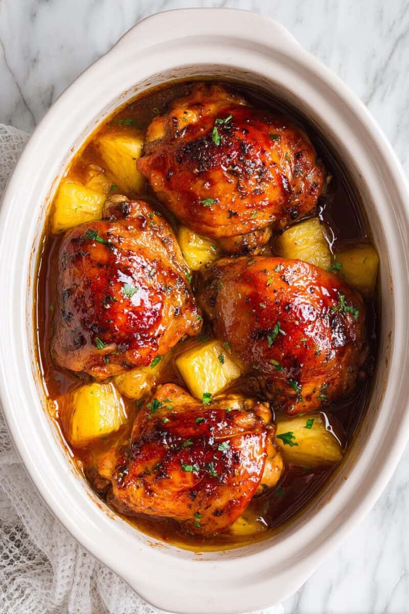 Close-up of Crockpot Pineapple BBQ Chicken with tender chicken coated in a glossy barbecue sauce and chunks of pineapple, cooked inside a slow cooker.
