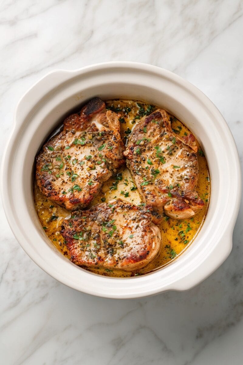 Top view of Crockpot Ranch Pork Chops with seared pork chops cooked in a savory ranch-seasoned sauce, garnished with herbs inside a white slow cooker.