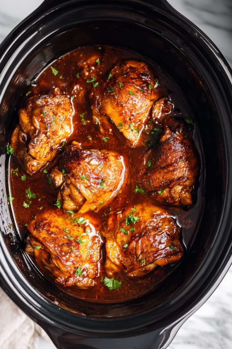 Top view of Crockpot Root Beer Chicken with tender chicken thighs coated in a rich, glossy root beer sauce inside a slow cooker, garnished with fresh herbs.