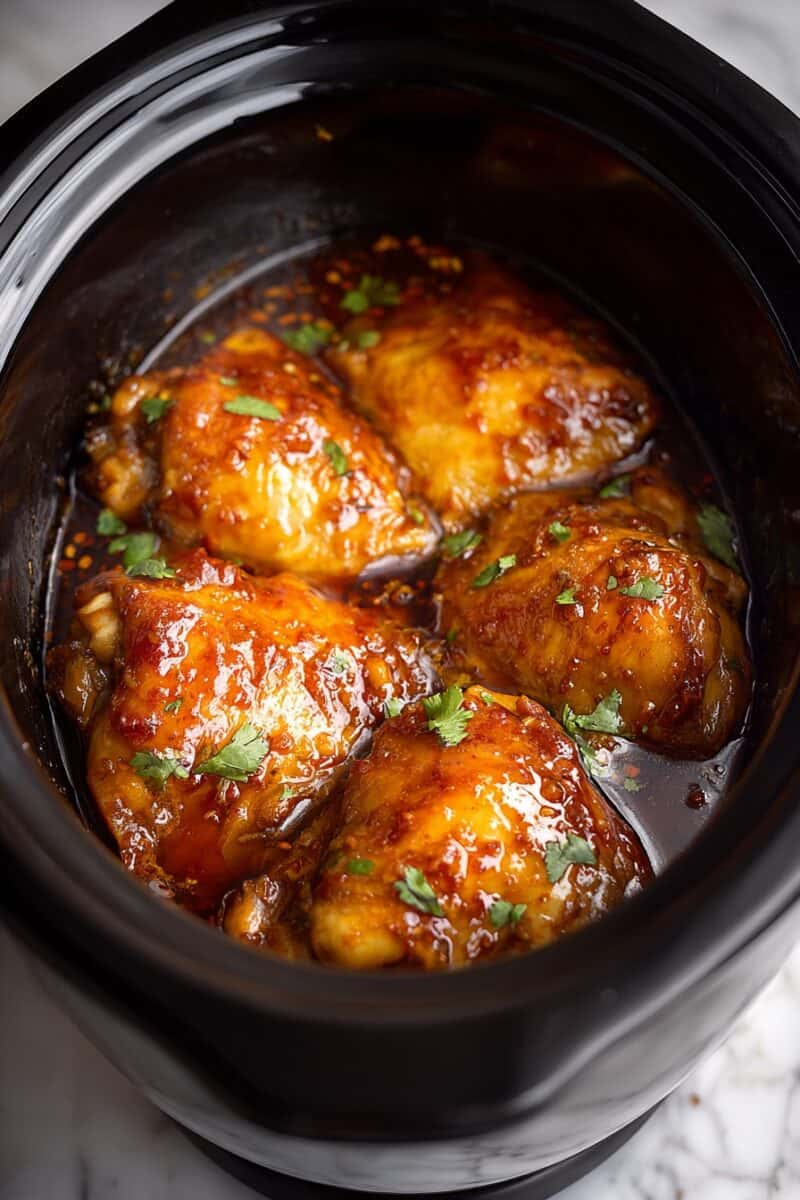 Close-up of Crockpot Sweet Chili Chicken with tender chicken pieces coated in a glossy sweet chili sauce, garnished with herbs inside a slow cooker.