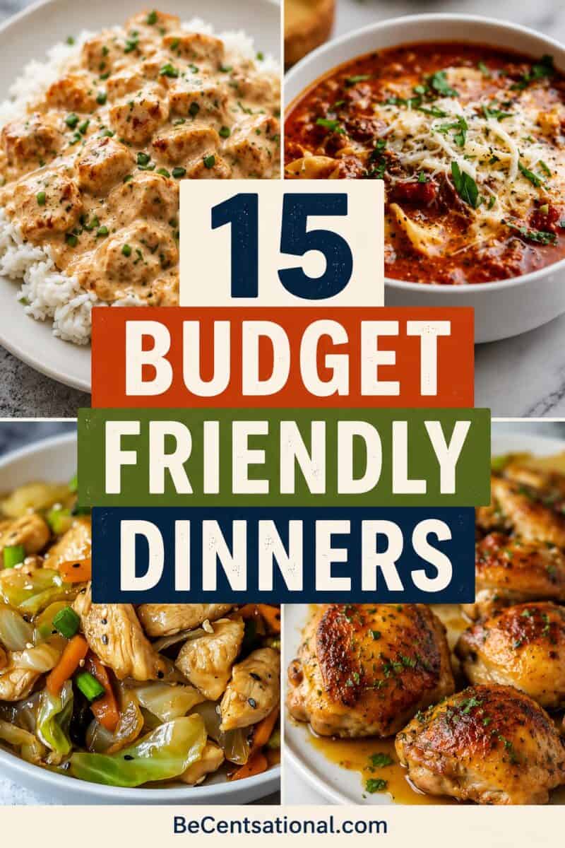 Collage featuring affordable dinner recipes in a four-panel layout with colorful typography centered over the images. The meals include creamy chicken rice, beef and cabbage stir fry, pasta with meat sauce and parmesan, and a Mediterranean chicken rice bowl with cucumbers, tomatoes, feta, and sauce.