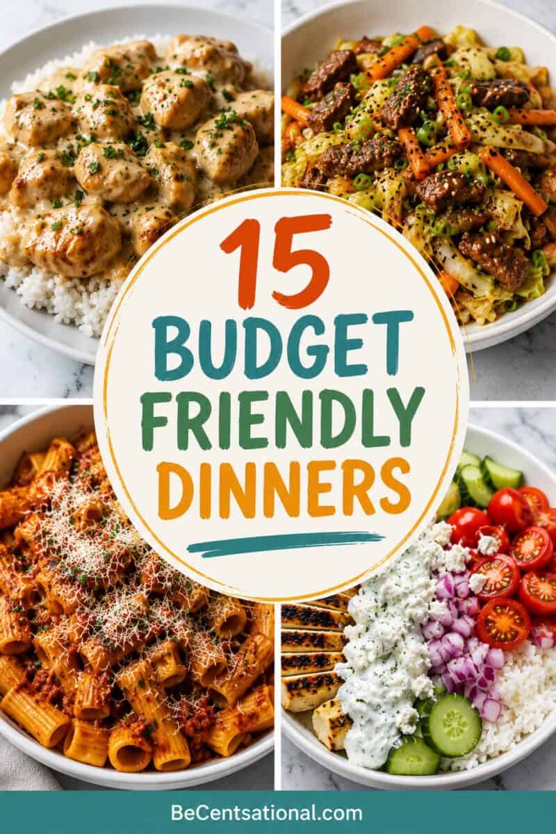 Collage featuring four budget-friendly dinner recipes arranged in a quadrant layout. The meals include creamy chicken over white rice, lasagna soup topped with melted cheese and herbs, chicken cabbage stir fry with carrots and sesame seeds, and glazed roasted chicken thighs. Large stacked text in the center reads “15 Budget Friendly Dinners” in bold orange, green, and navy blocks.