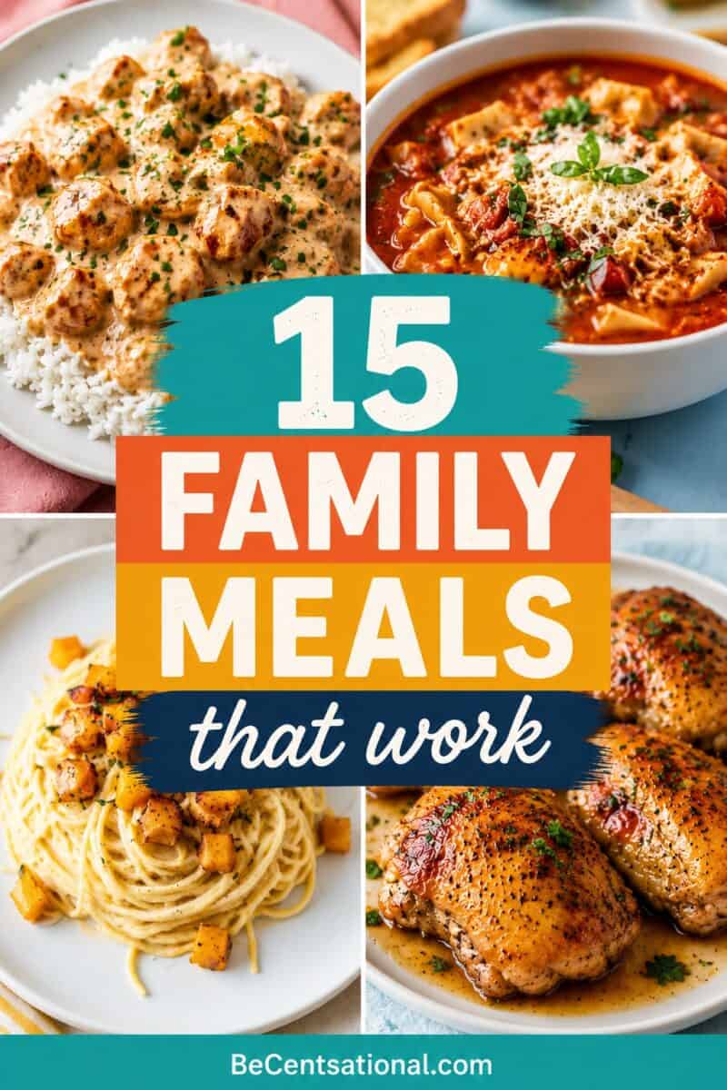 Four family dinner recipes displayed in a colorful quadrant layout. The dishes include creamy chicken with rice, cheesy tomato-based soup, chicken vegetable stir fry, and roasted chicken thighs with crispy skin. Bold layered typography in teal, orange, yellow, and navy reads “15 Family Meals that work.”