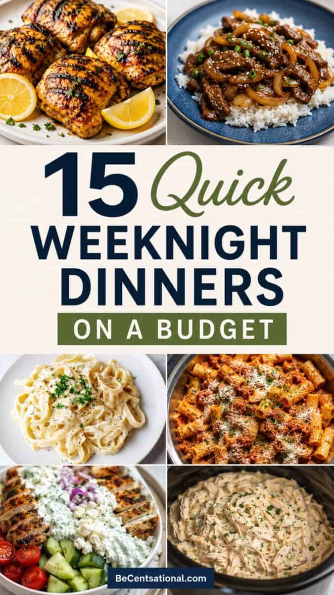 collage featuring six affordable weeknight dinner recipes arranged in a clean grid layout around large text reading “15 Quick Weeknight Dinners on a Budget.” The dishes include grilled chicken thighs with lemon slices, beef stir fry over rice, creamy Alfredo pasta, rigatoni pasta with meat sauce, a Mediterranean chicken rice bowl with cucumbers and tomatoes, and creamy shredded chicken in a slow cooker.