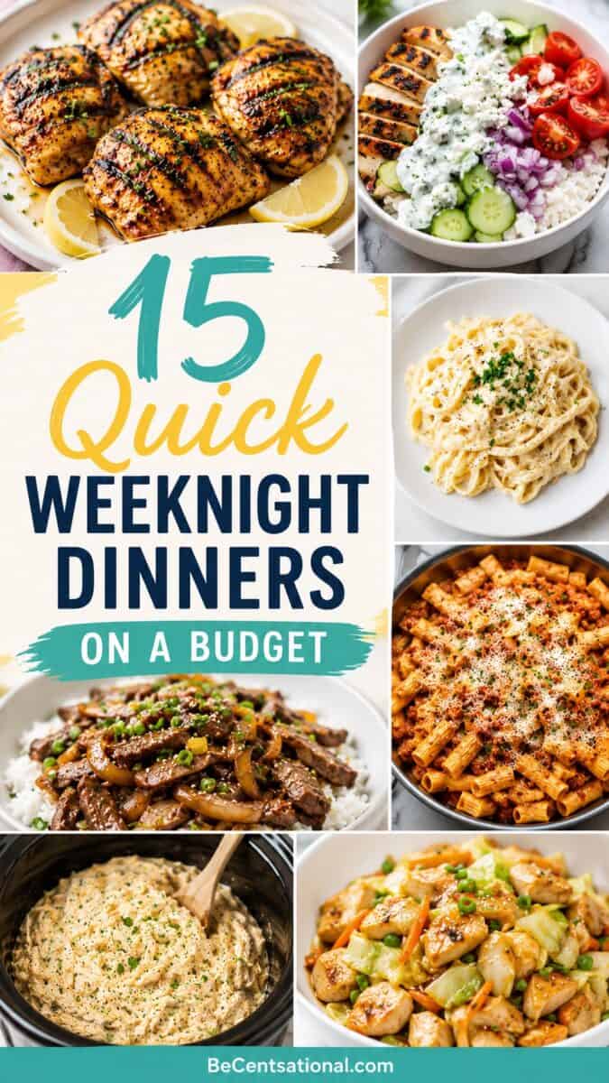 budget-friendly weeknight dinner ideas in a modern vertical collage layout. The image includes grilled chicken thighs with lemon wedges, a Mediterranean chicken bowl, creamy Alfredo pasta, beef stir fry with rice, rigatoni pasta with meat sauce, creamy crockpot shredded chicken, and chicken cabbage stir fry. Large teal, yellow, and navy text in the center reads “15 Quick Weeknight Dinners on a Budget.”