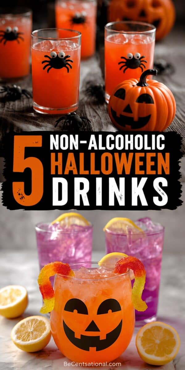 five non-alcoholic Halloween drinks, including bright orange spooky spider punch, purple lemon drinks, and a Jack-o'-Lantern punch with candy garnishes.