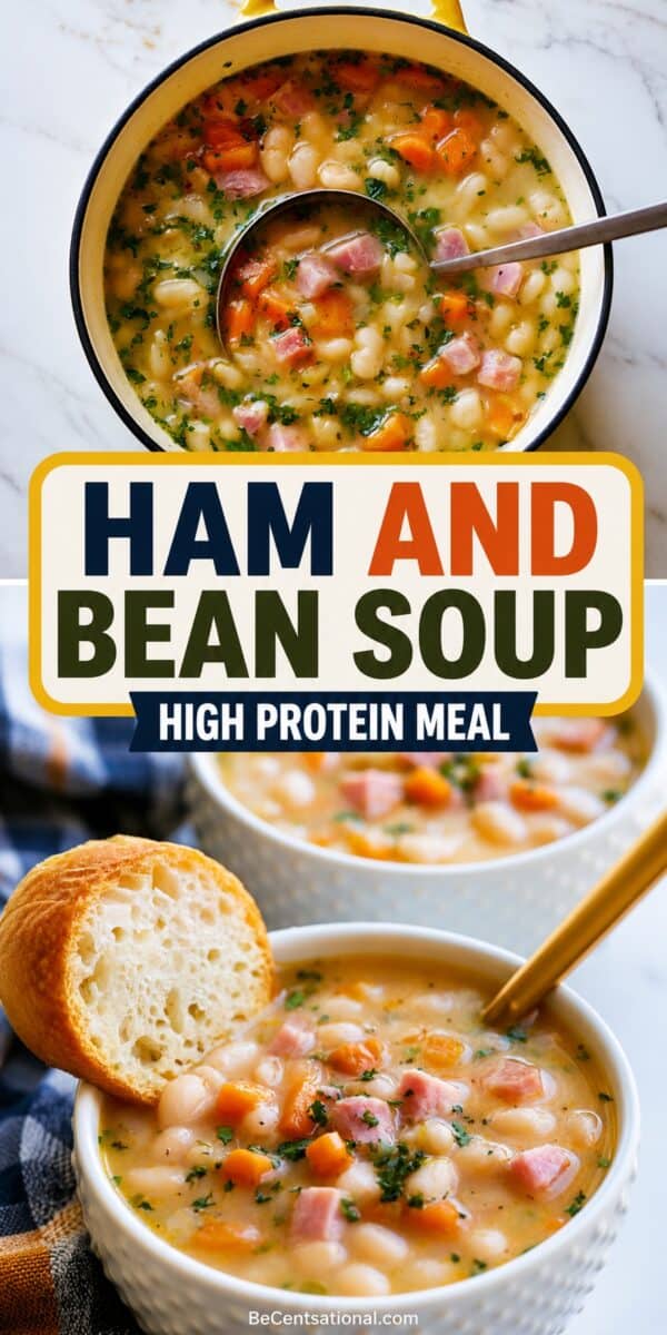 ham and bean soup with tender white beans, diced ham, carrots, and herbs, shown in a Dutch oven and serving bowls with the text “Ham and Bean Soup – High Protein Meal.”