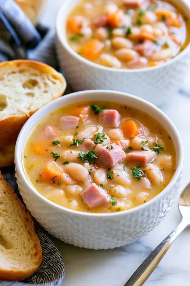 White bowl of ham and bean soup filled with white beans, diced ham, carrots, and fresh herbs, served with slices of crusty bread.