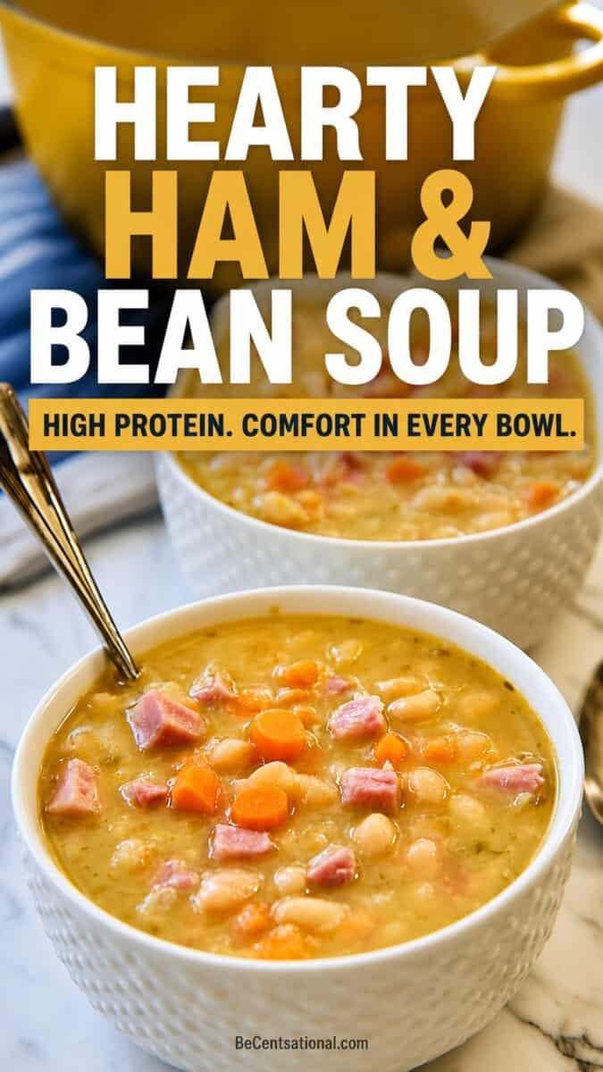 Two bowls of hearty ham and bean soup filled with tender white beans, diced ham, carrots, and herbs, with bold text highlighting the high protein recipe.