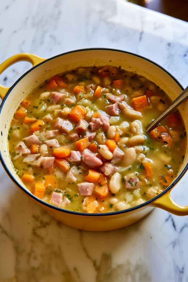 Yellow Dutch oven filled with ham and bean soup made with chunks of ham, white beans, carrots, celery, and herbs in a golden broth.