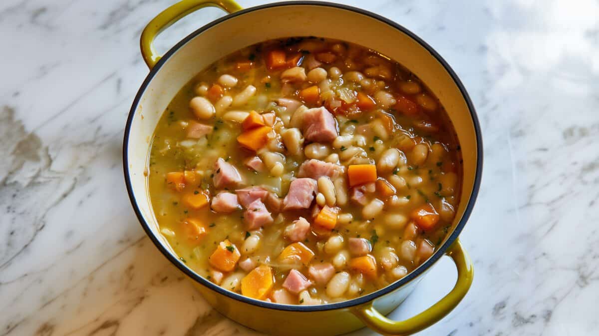 Close-up of high protein low calorie ham and bean soup with white beans, diced ham, carrots, celery, and herbs in a yellow Dutch oven.
