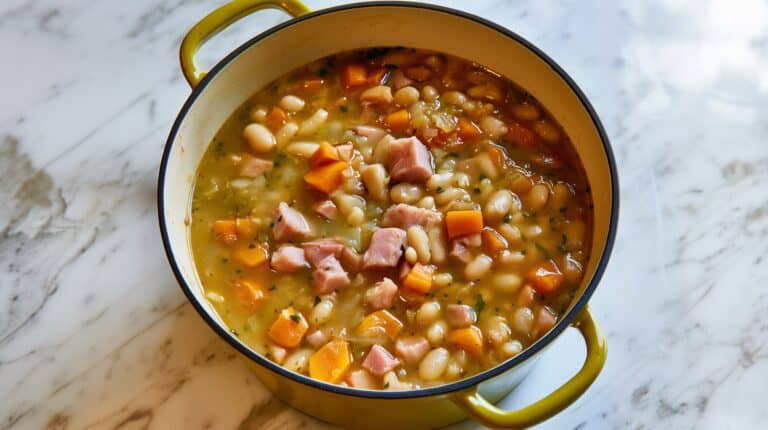 Close-up of high protein low calorie ham and bean soup with white beans, diced ham, carrots, celery, and herbs in a yellow Dutch oven.