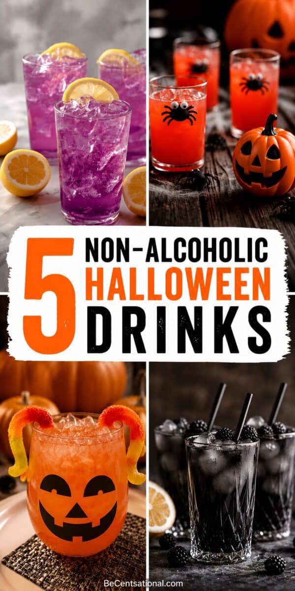 collage featuring five non-alcoholic Halloween drinks, including purple lemonade, orange spooky spider punch, Jack-o'-Lantern punch, and a black blackberry Halloween drink.