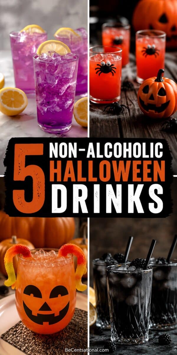 collage featuring five non-alcoholic Halloween drinks, including purple lemonade, orange spider punch, Jack-o'-Lantern punch, and a dark blackberry Halloween drink.